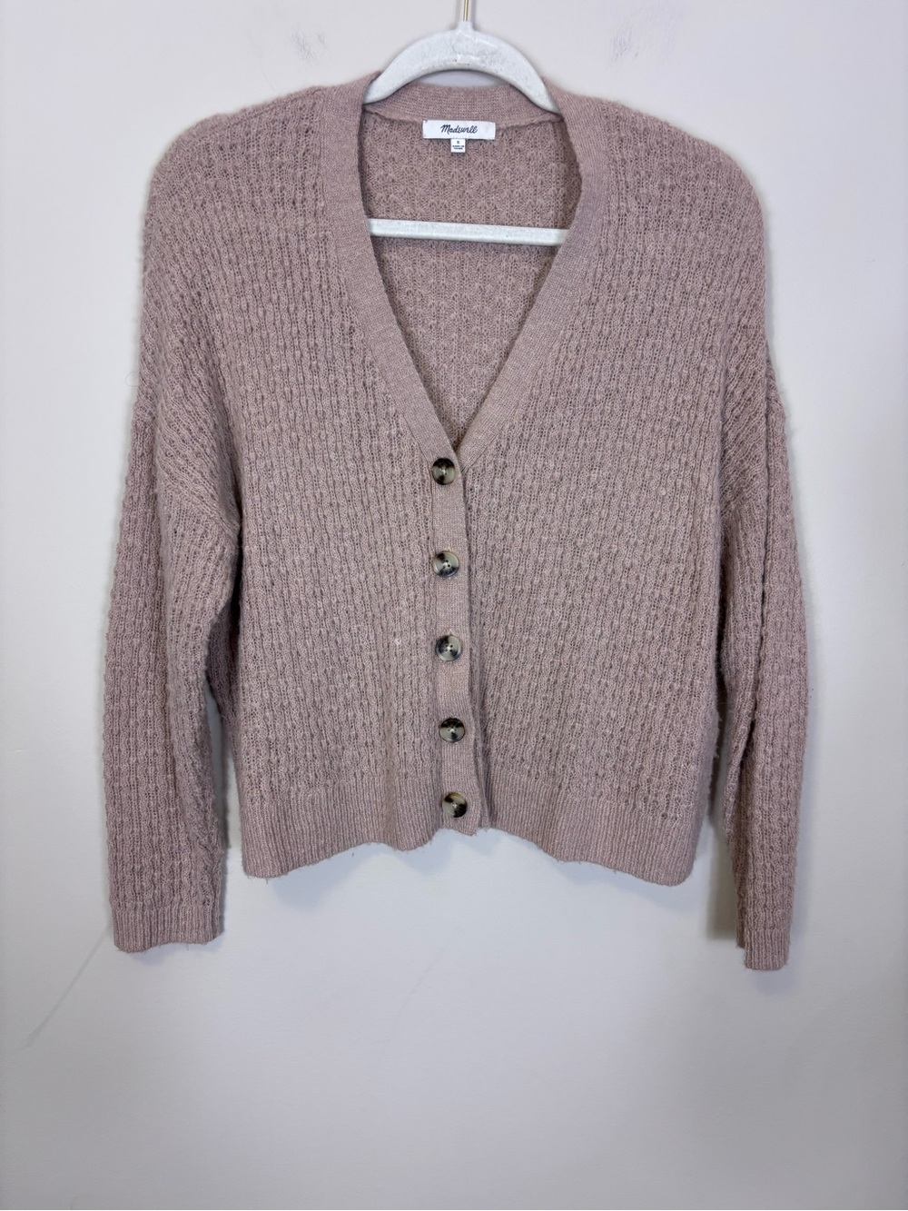 Madewell Textured V-Neck Button Front Cardigan Sweater Light Brown/Blush Small